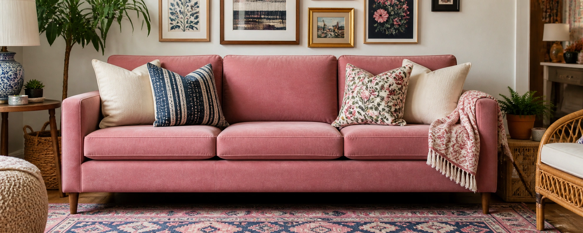 Pink couch paired with patterned rugs and pillows in complementary colors