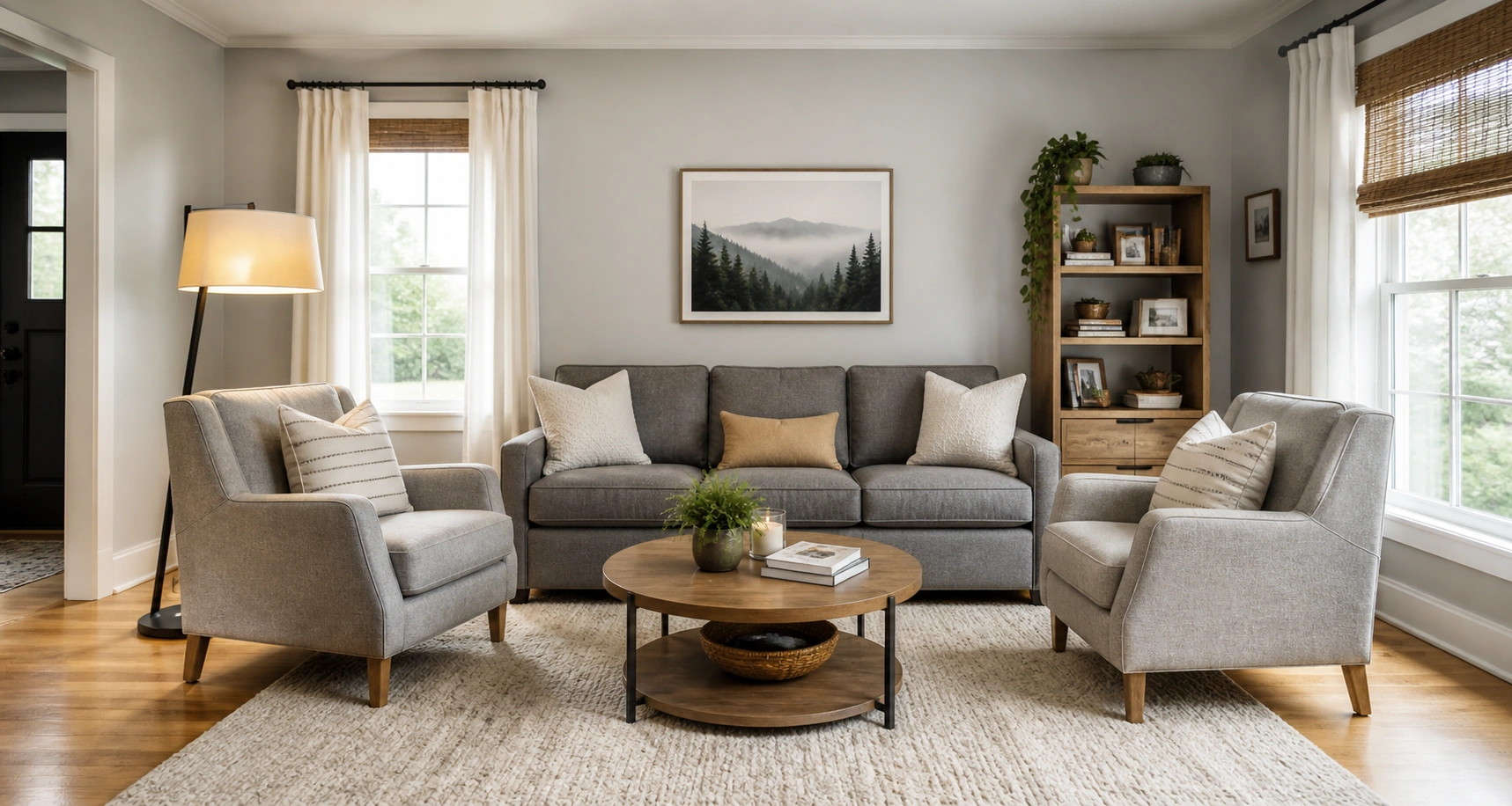 Beautifully arranged primary living room with a gray sectional sofa, two accent chairs, coffee table, and floor lamp in a well-lit modern home