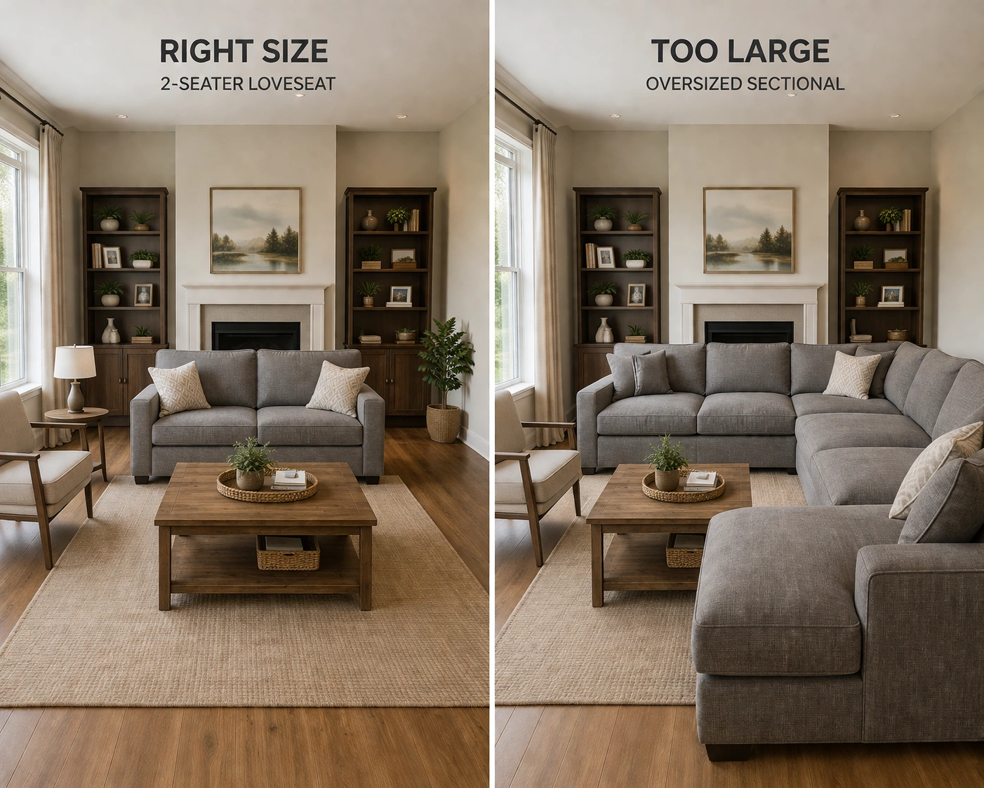 Side by side comparison of a small loveseat and large sectional sofa in a living room to show proportional sizing difference