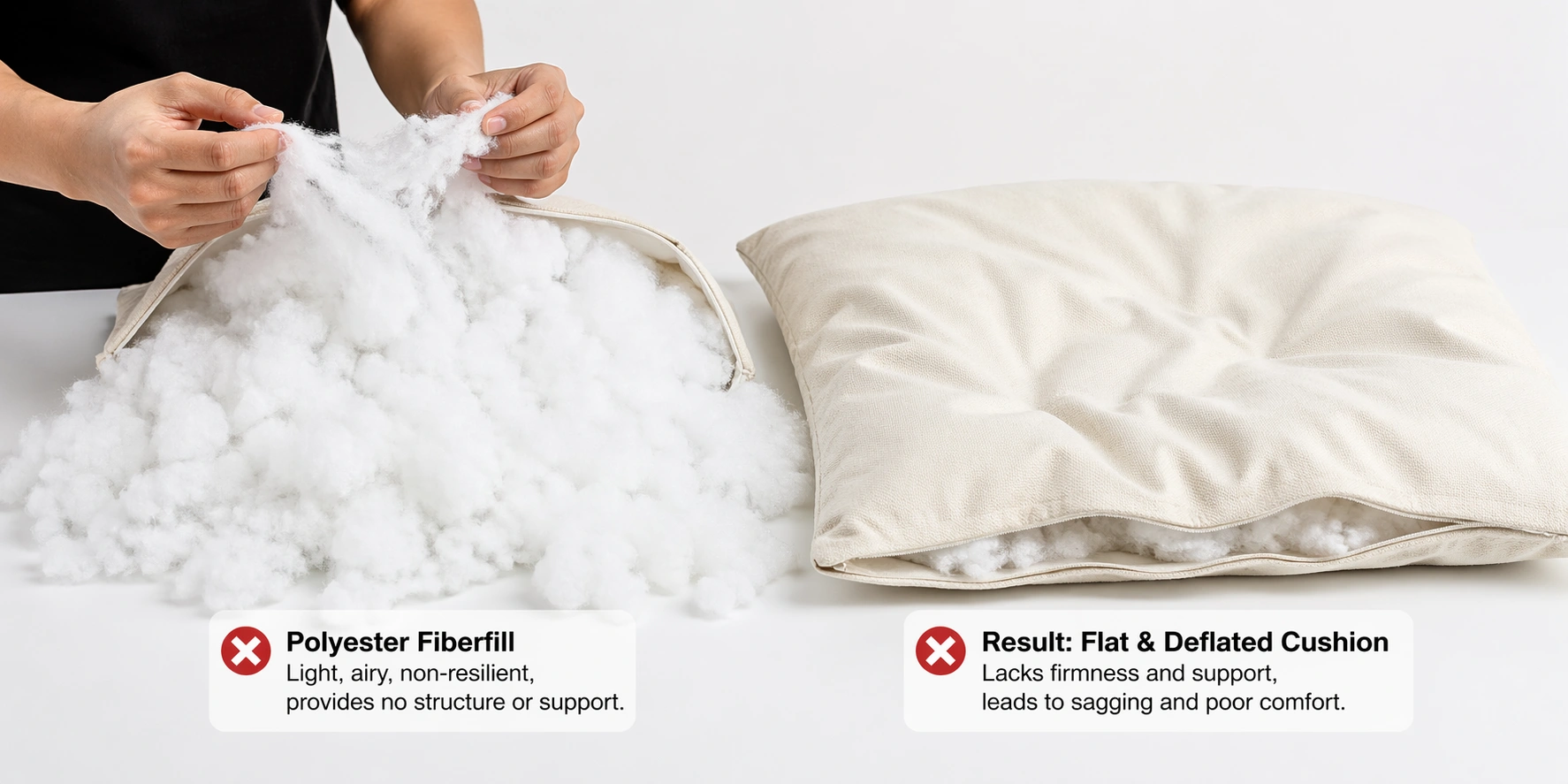 Loose polyester fiberfill material used as budget sofa cushion stuffing