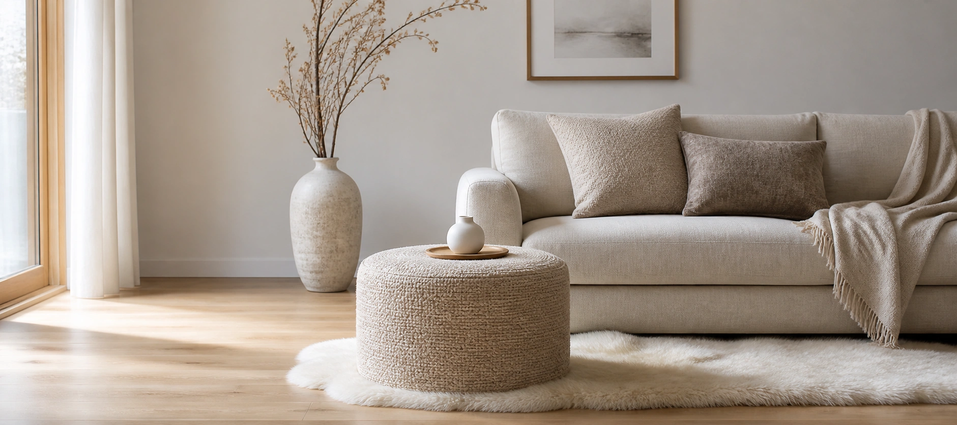 Round pouf-style ottoman paired with a modern sofa