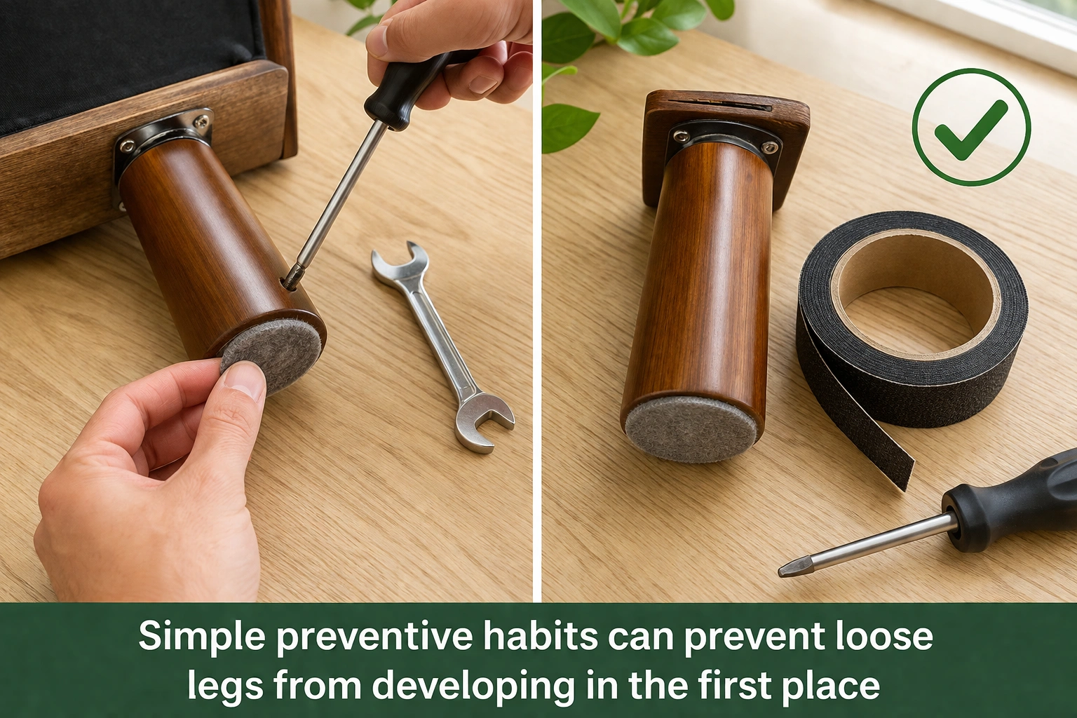 Preventive maintenance for sofa legs including felt pads and regular tightening