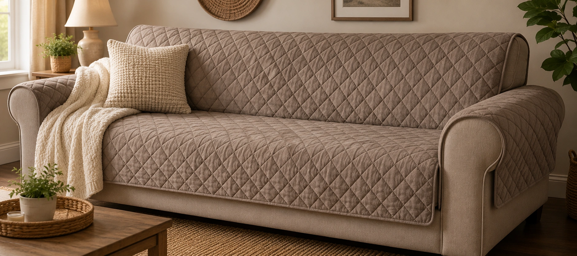 Quilted textured sofa cover on a cozy living room couch