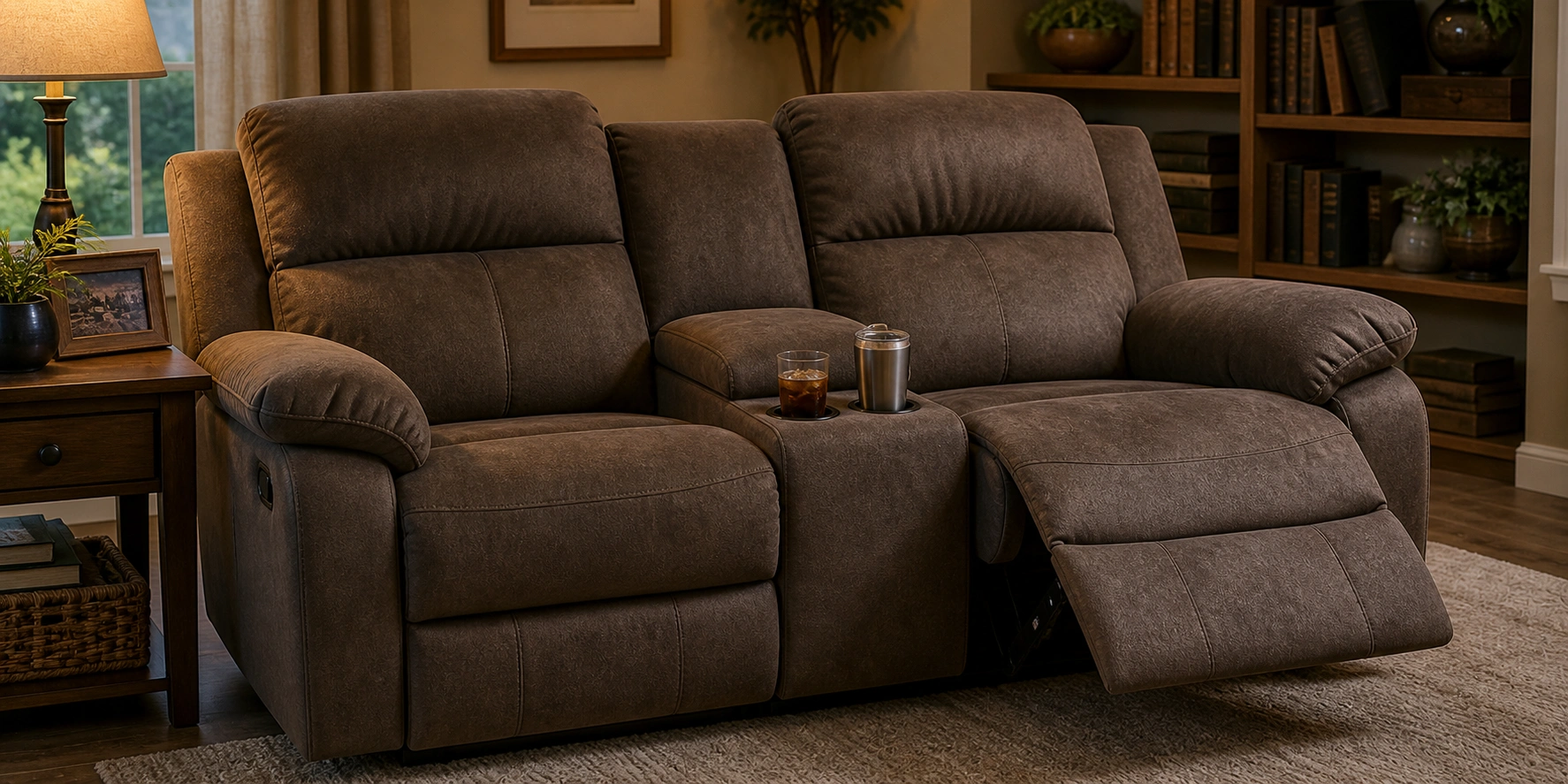 Recliner sofa with built-in cup holders in armrests
