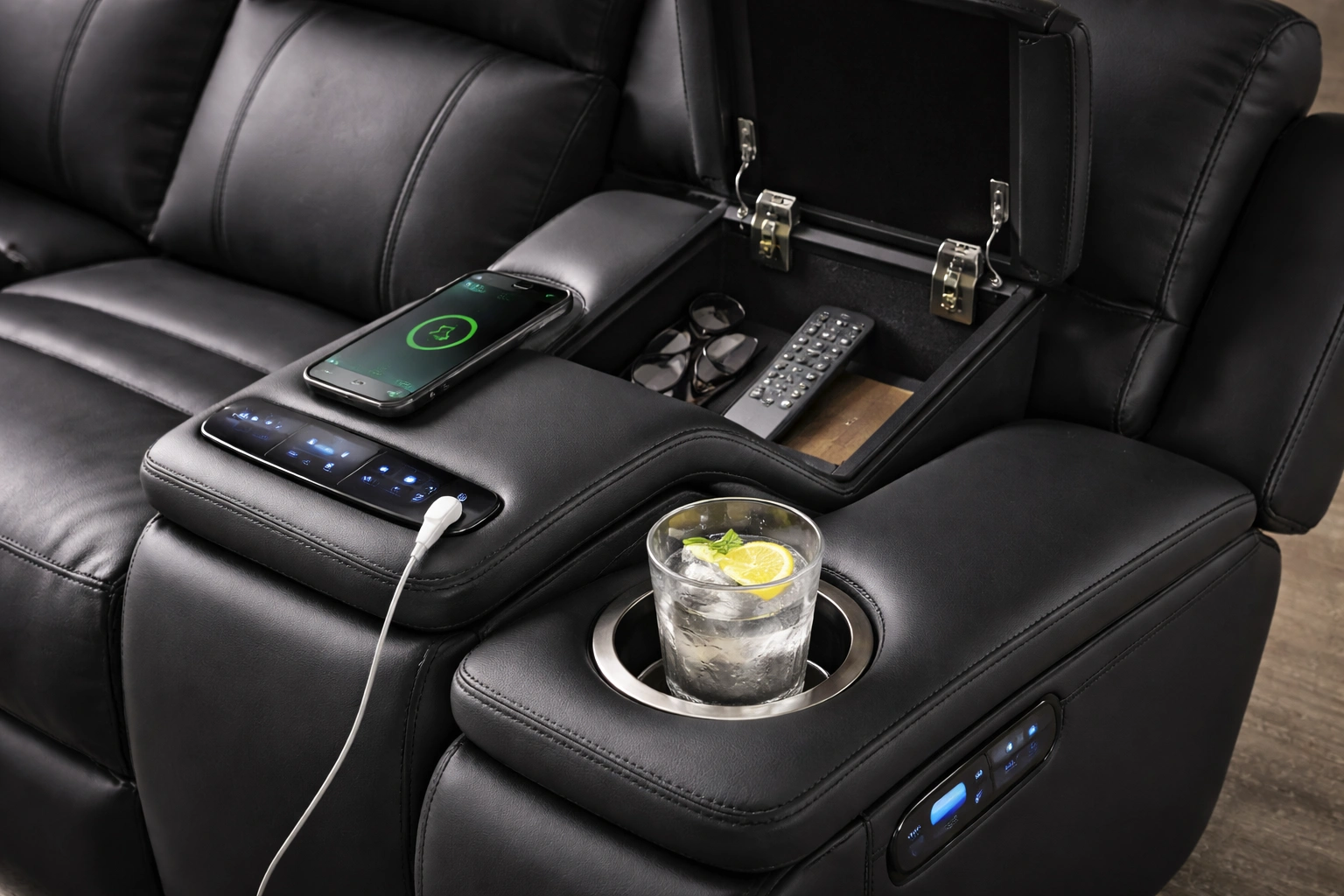 Close-up of recliner sofa armrest showing USB ports, cup holder, and control buttons