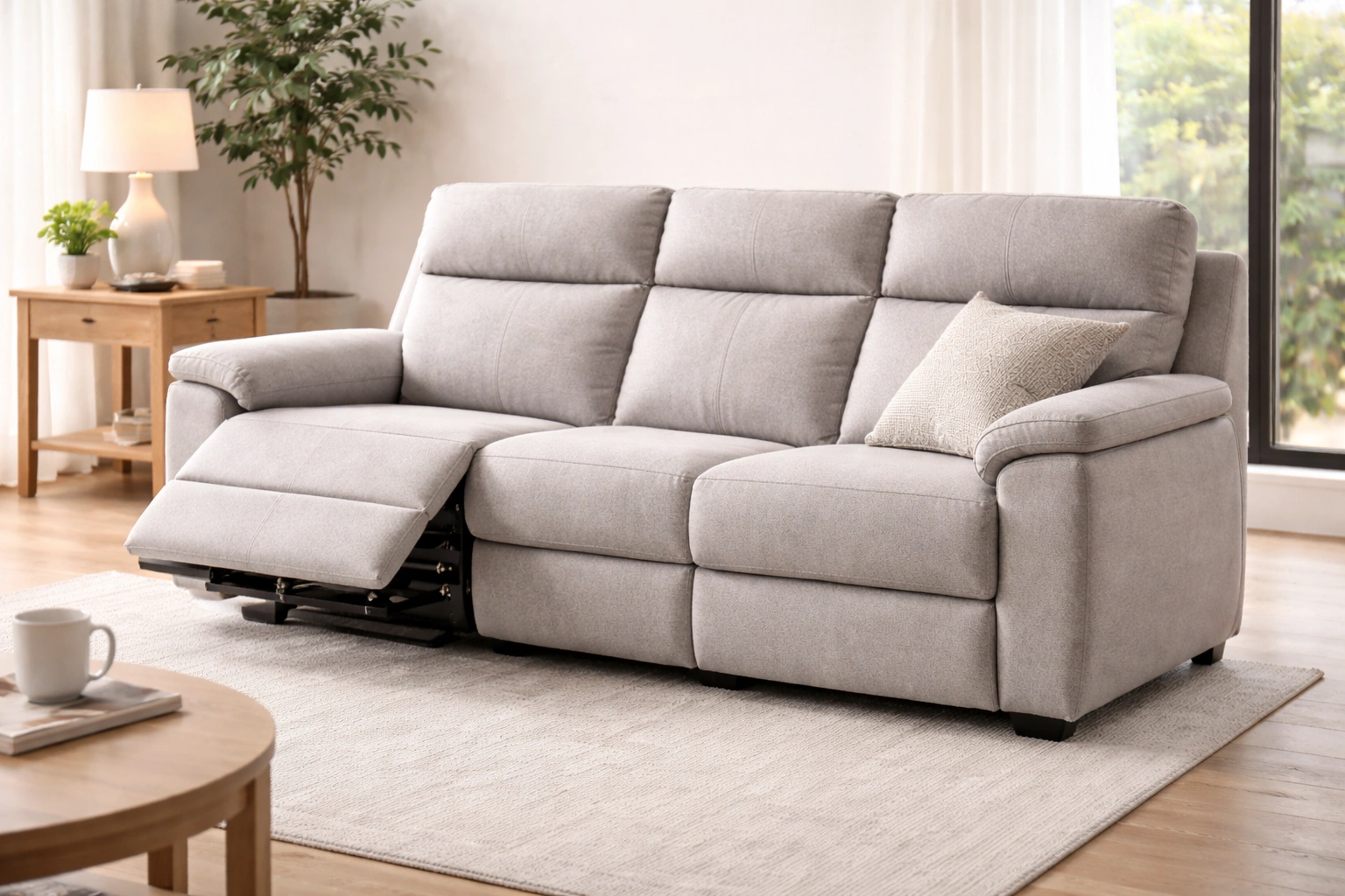 Recliner sofa in a modern living room with footrest extended