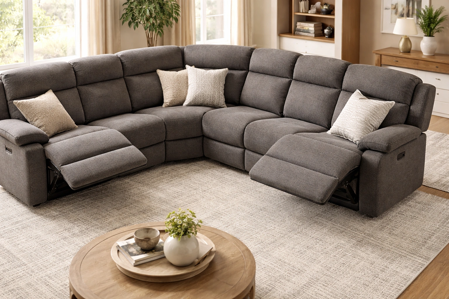 Reclining sectional sofa in L-shape configuration with multiple reclining seats