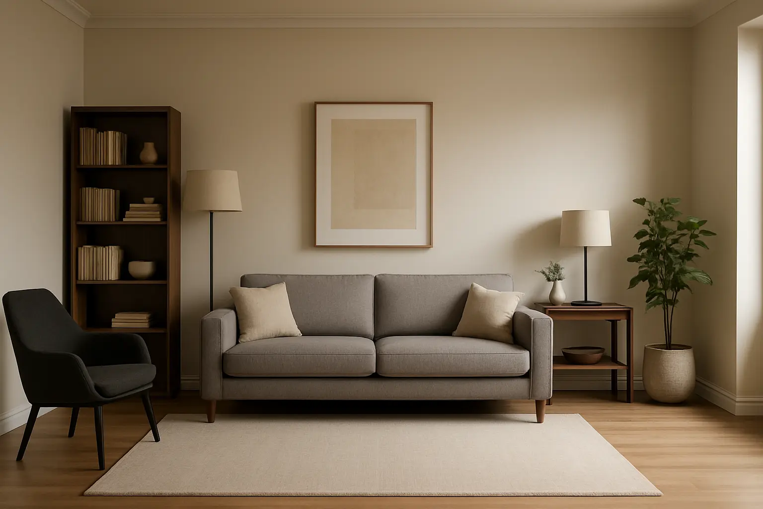 Rectangular room with optimal sofa placement and spacing
