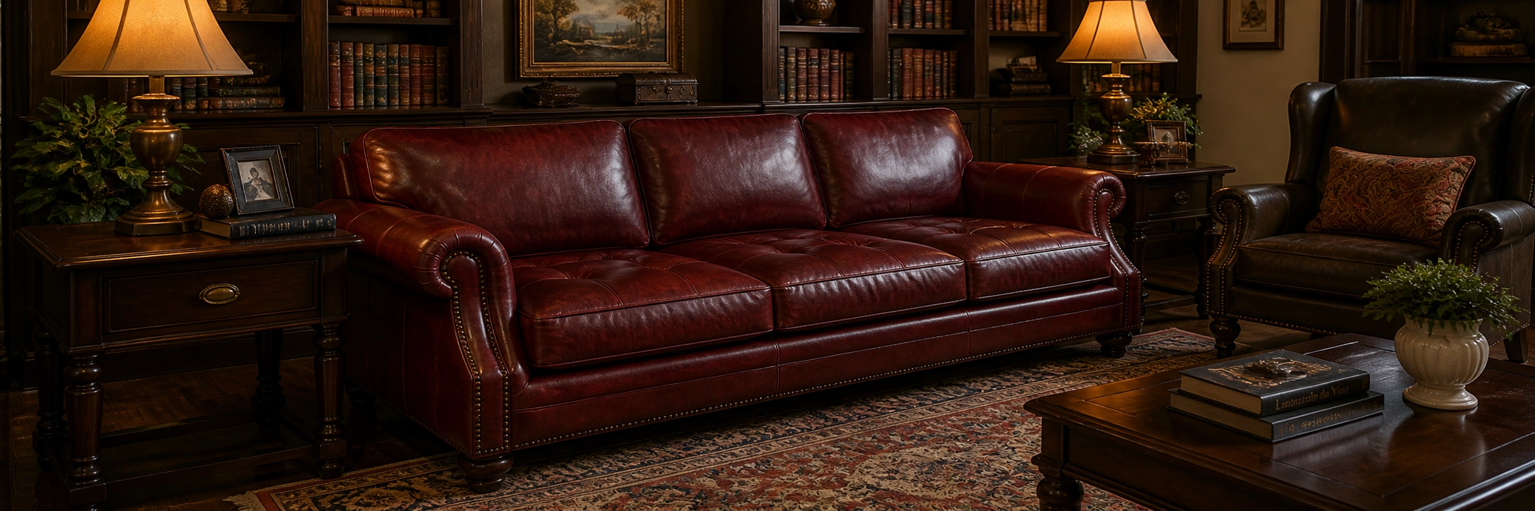 Red leather sofa in a traditional living room setting