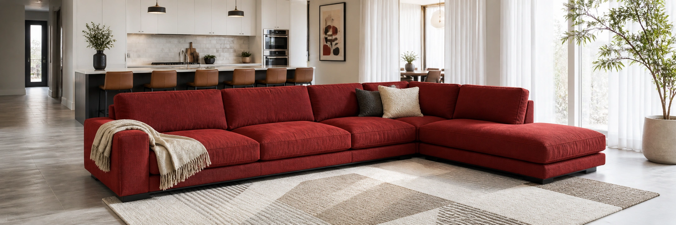 Red sectional sofa in a spacious family room layout