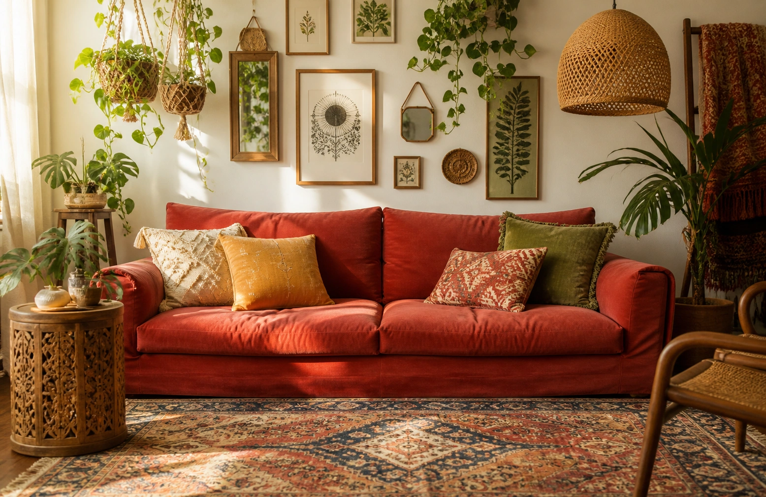 Red sofa in a bohemian styled room with plants and textured decor