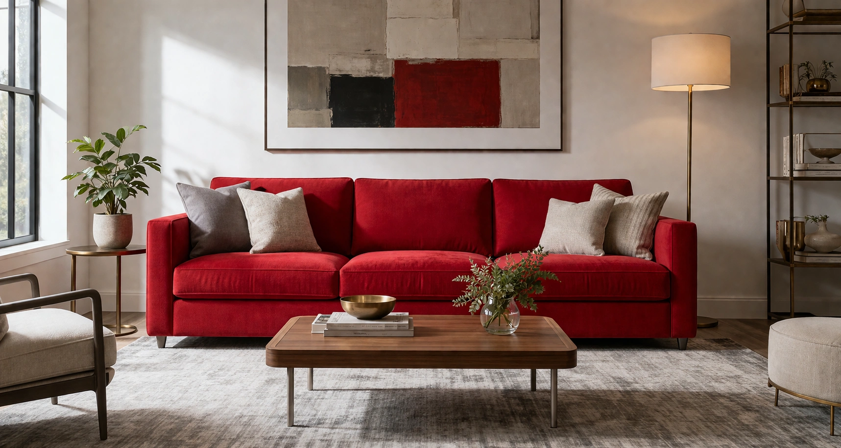 Red sofa as a bold statement piece in a well-designed living room