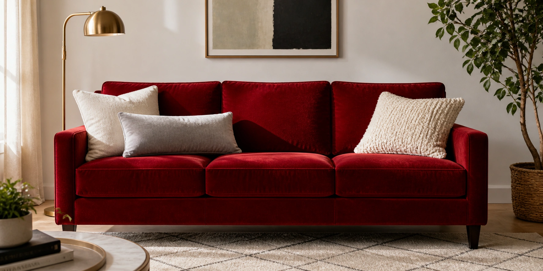 Beautifully styled red sofa with neutral pillows, textured rug, and curated decor