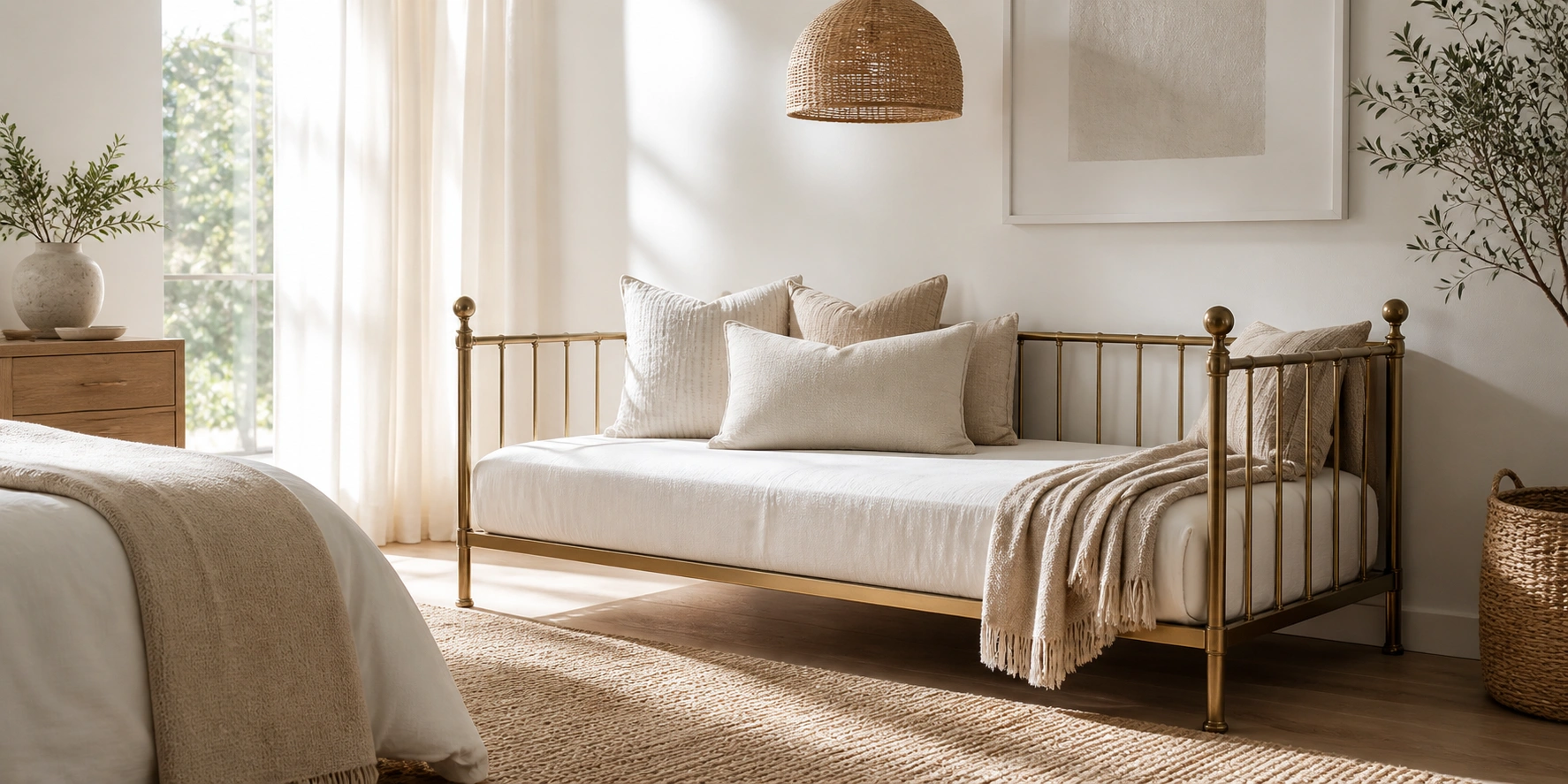 Daybed sofa in a bright bedroom setting