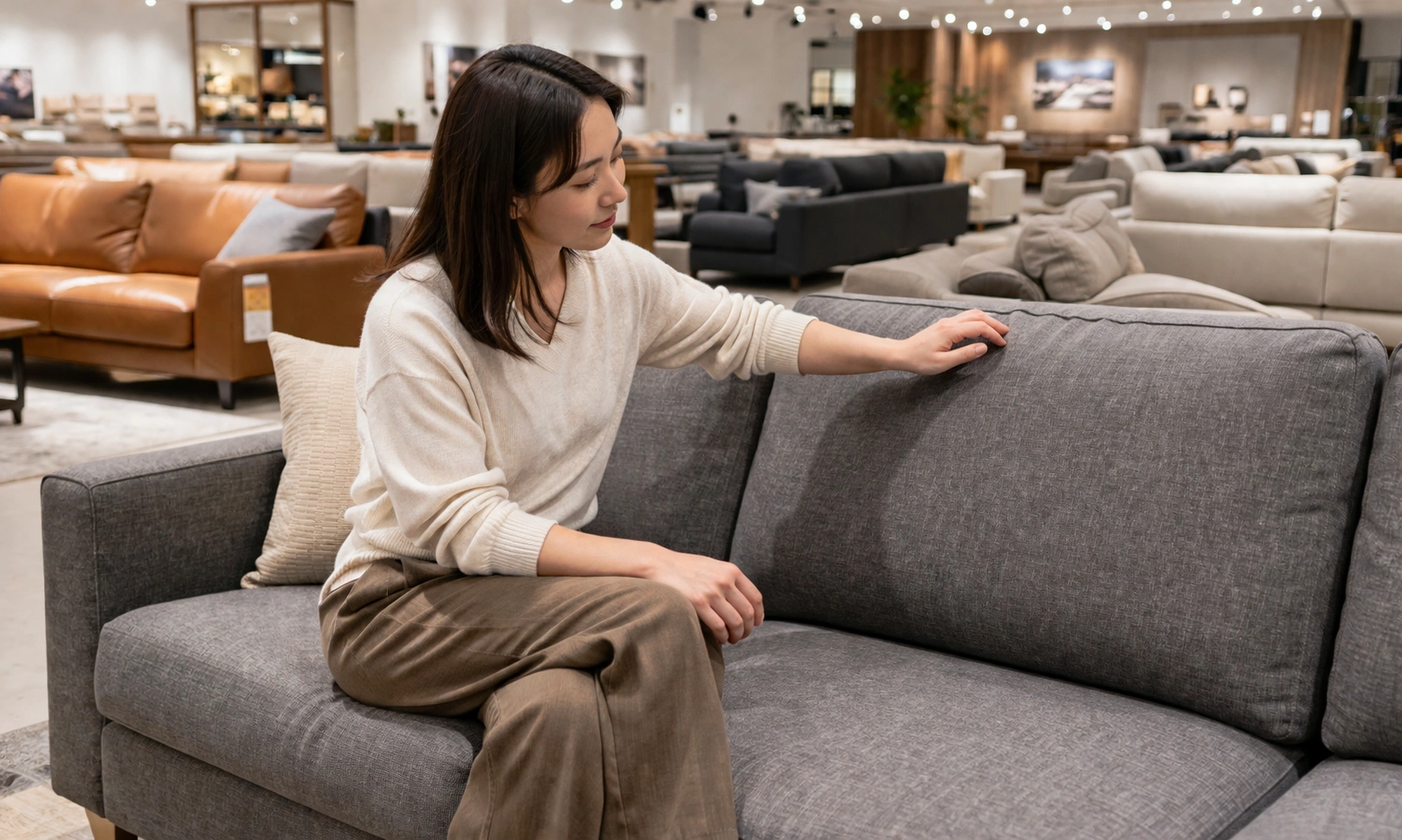 Testing sofa comfort in a showroom