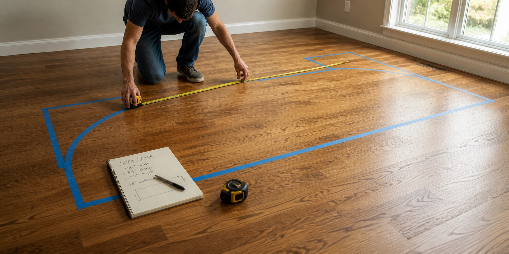 Person measuring living room for sofa
