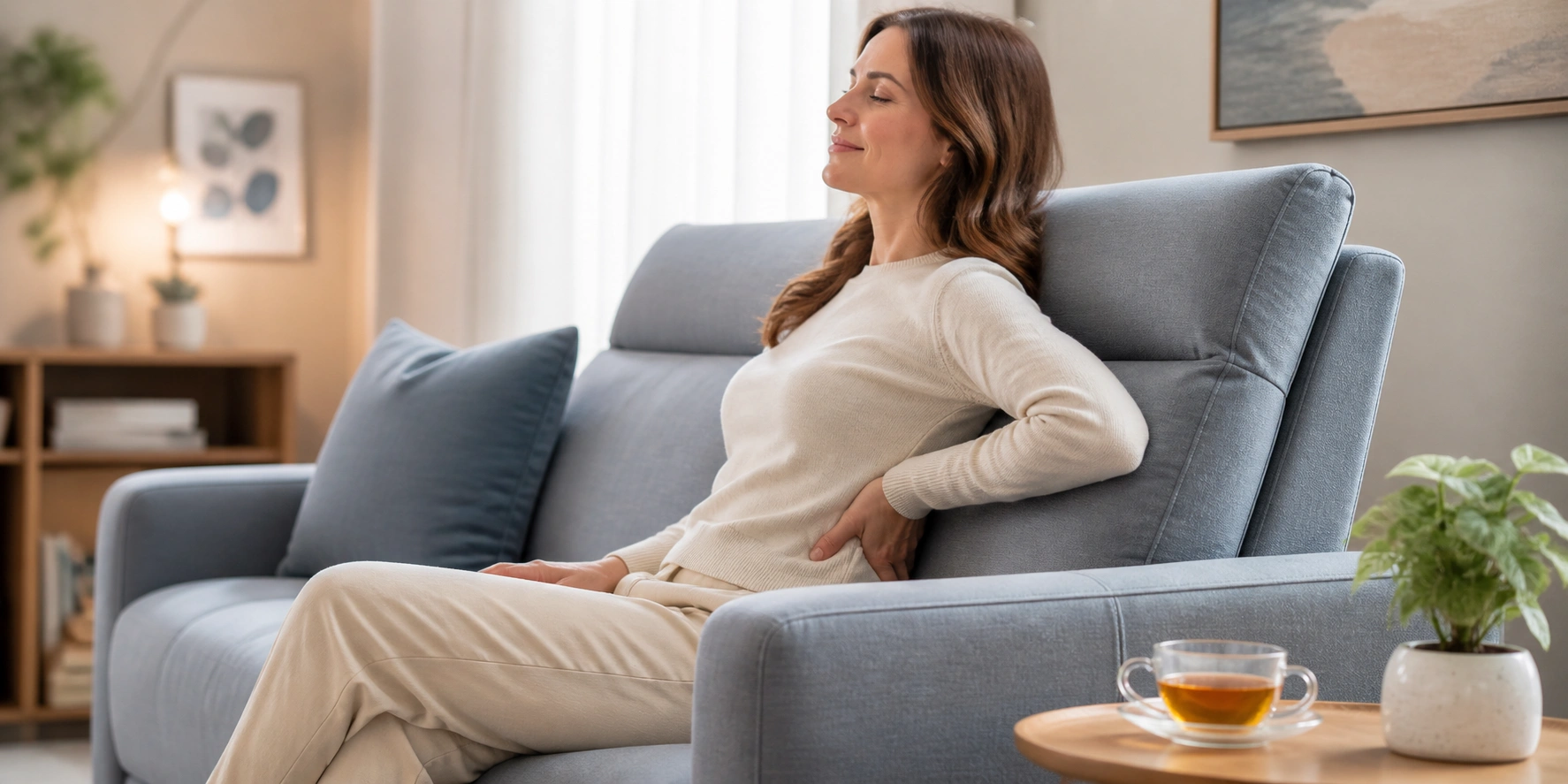 Person with back pain sitting on ergonomic sofa