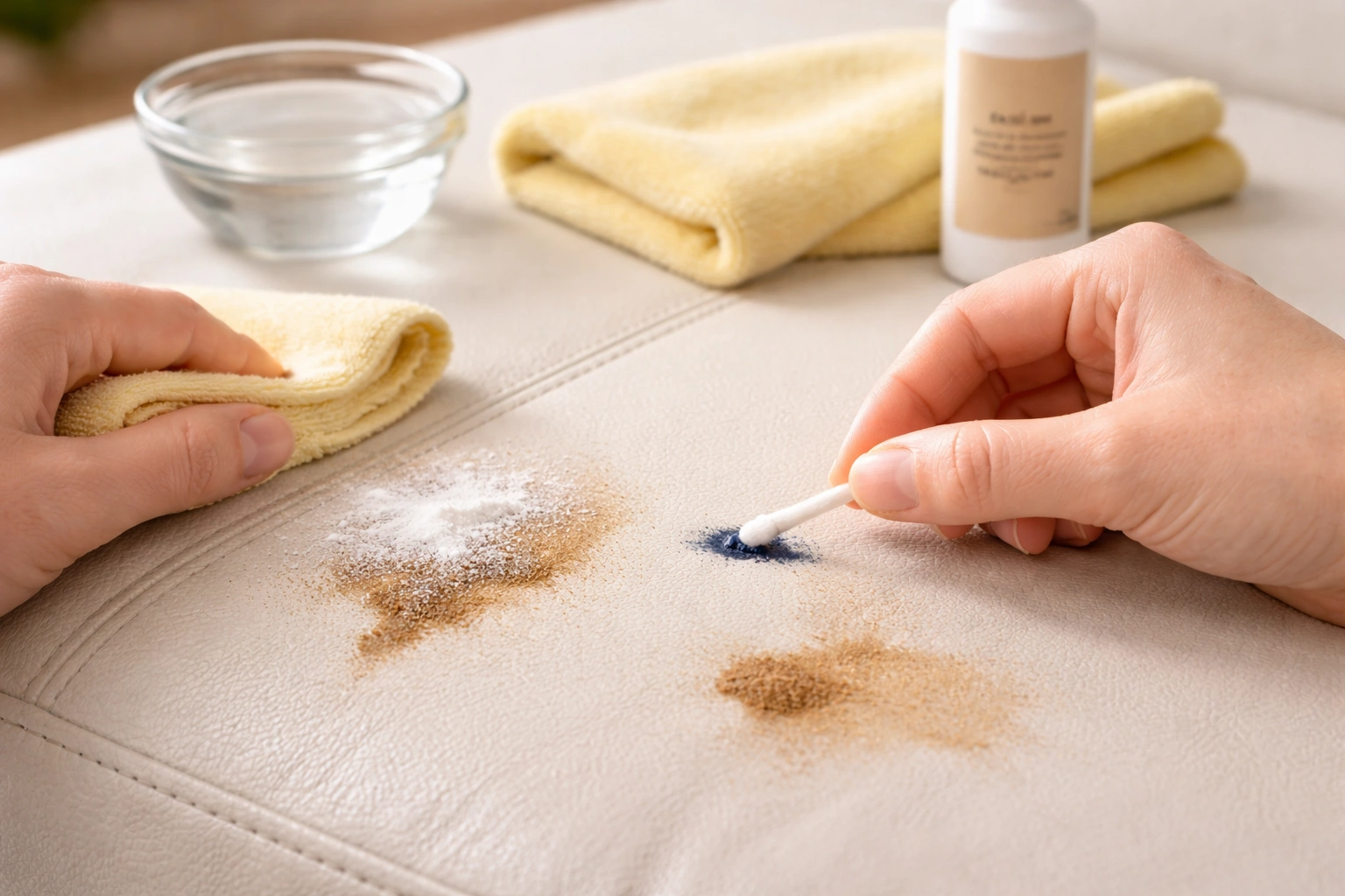 Removing various stains from leather sofa surface using appropriate cleaning techniques