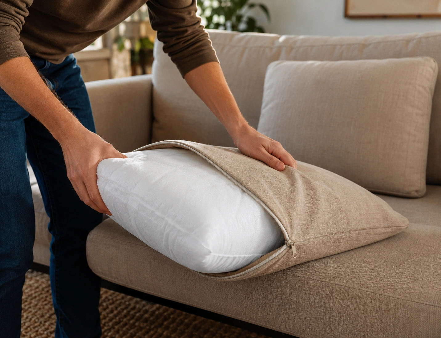 Hands inserting new foam cushion into fabric cover and zipping it closed on a living room sofa