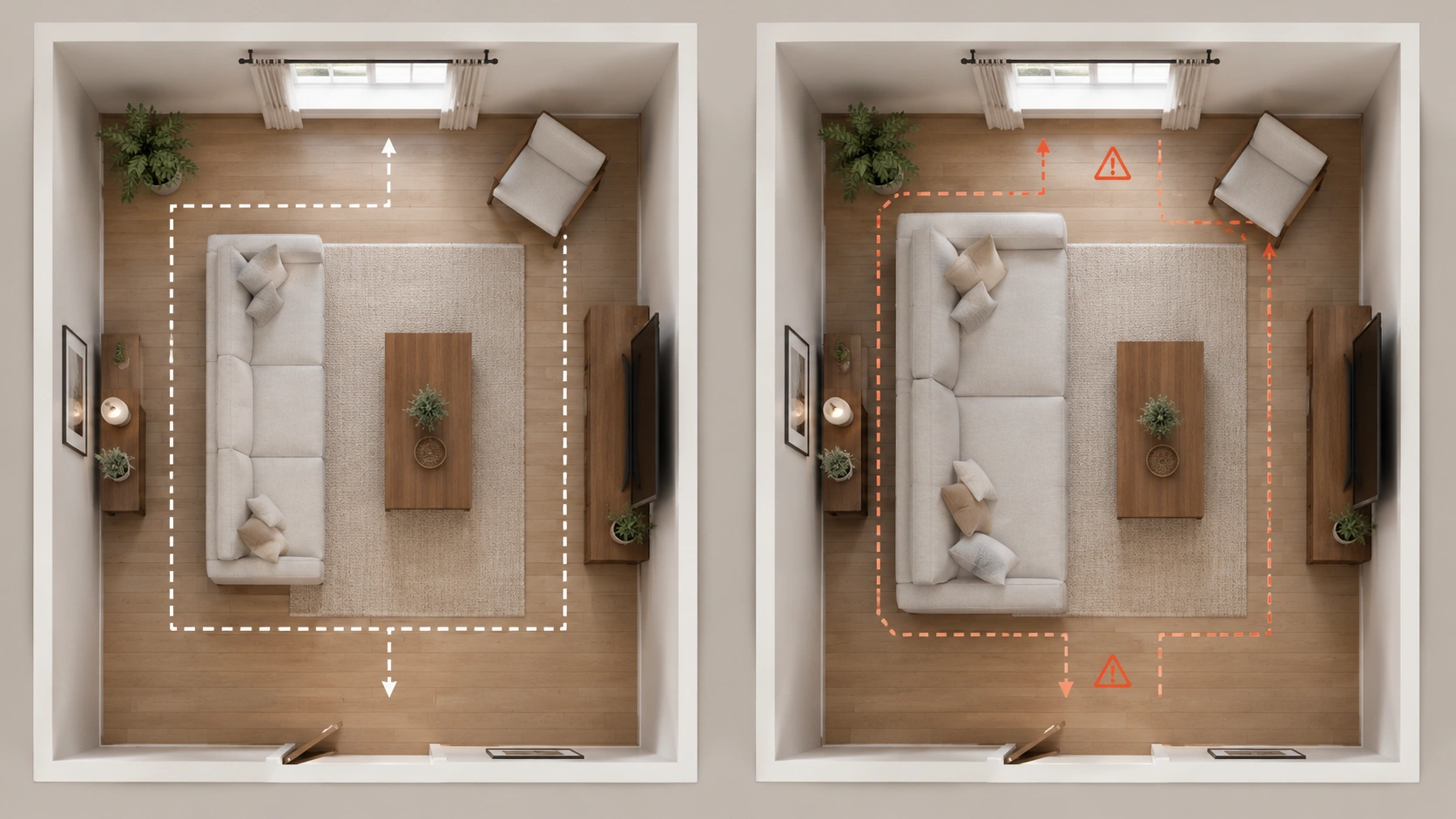 Floor plan comparison showing space requirements for standard vs deep seat sofa in a living room