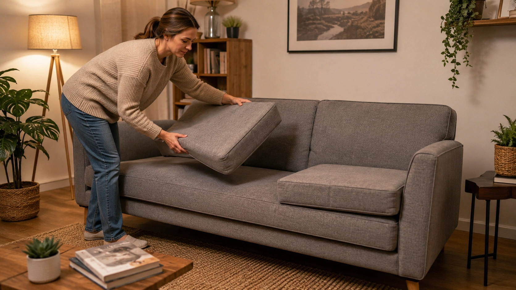 Person rotating and flipping sofa cushions as part of regular maintenance routine