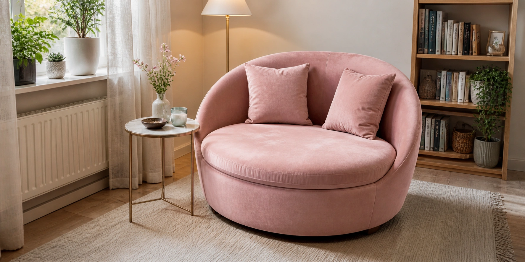 Compact two-seater round sofa for small spaces