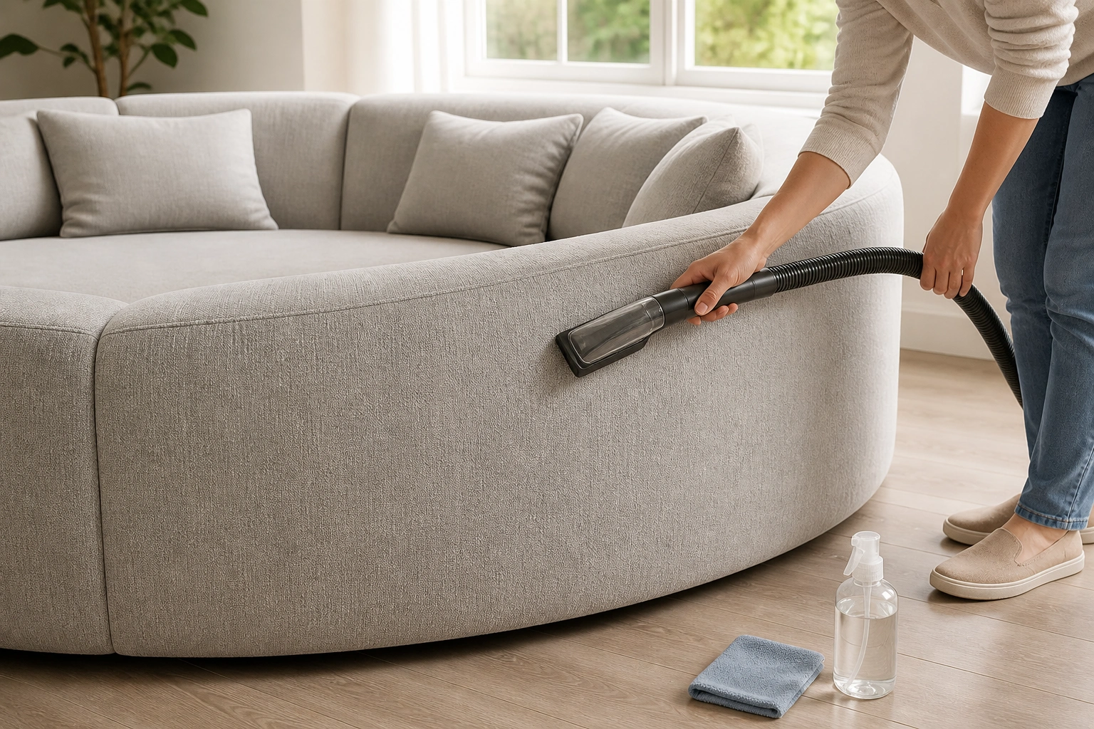 Person cleaning a round velvet sofa with proper tools