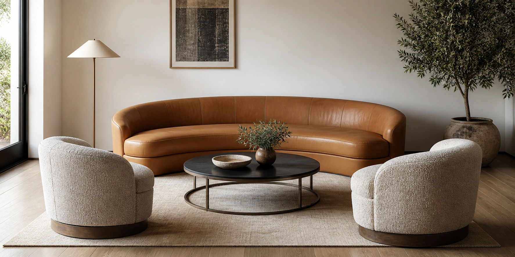 Semi-circular round sofa placed against a wall