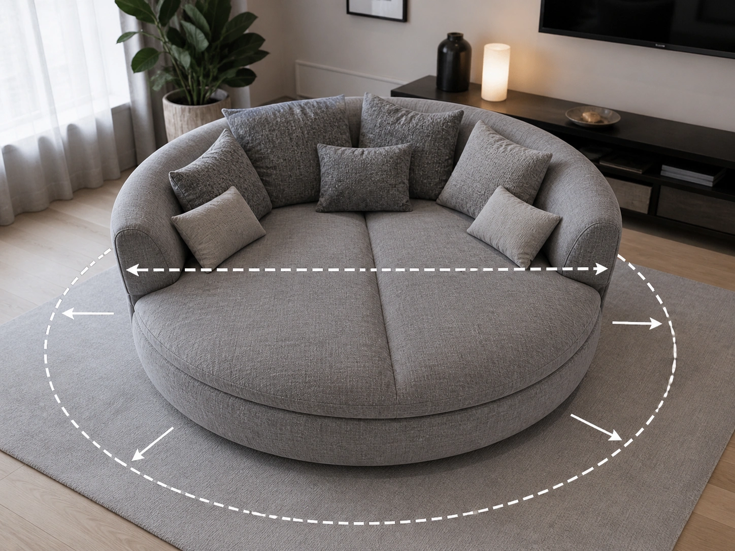 Diagram showing how to measure round sofa diameter and clearance space