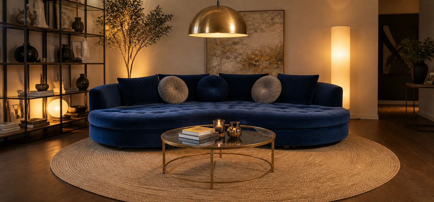 Styled round sofa in living room with rug coffee table and decor