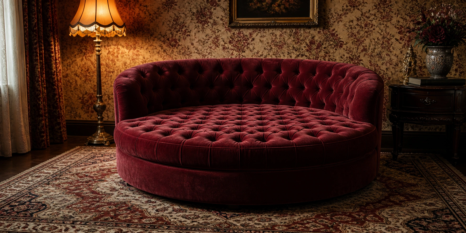 Tufted vintage style round sofa with classic details