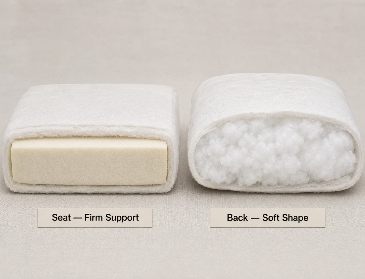 Comparison of firm seat cushion and softer back cushion removed from a sofa showing different internal construction