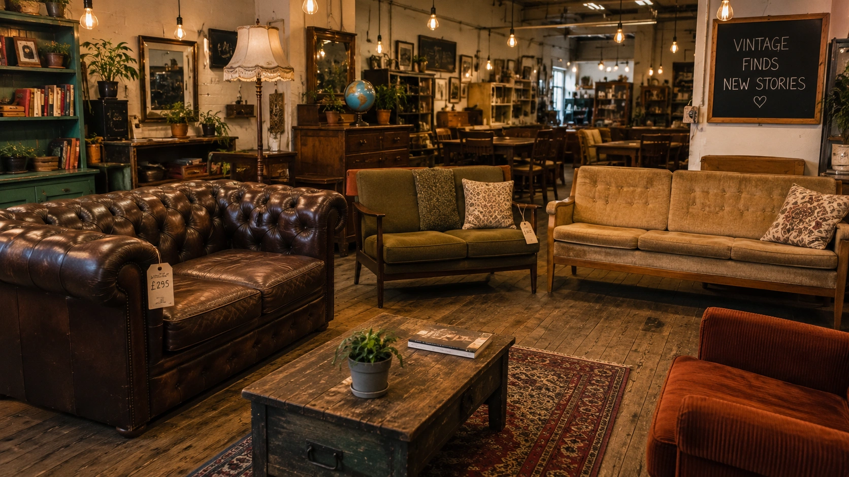 Vintage and secondhand sofas in a thrift furniture store