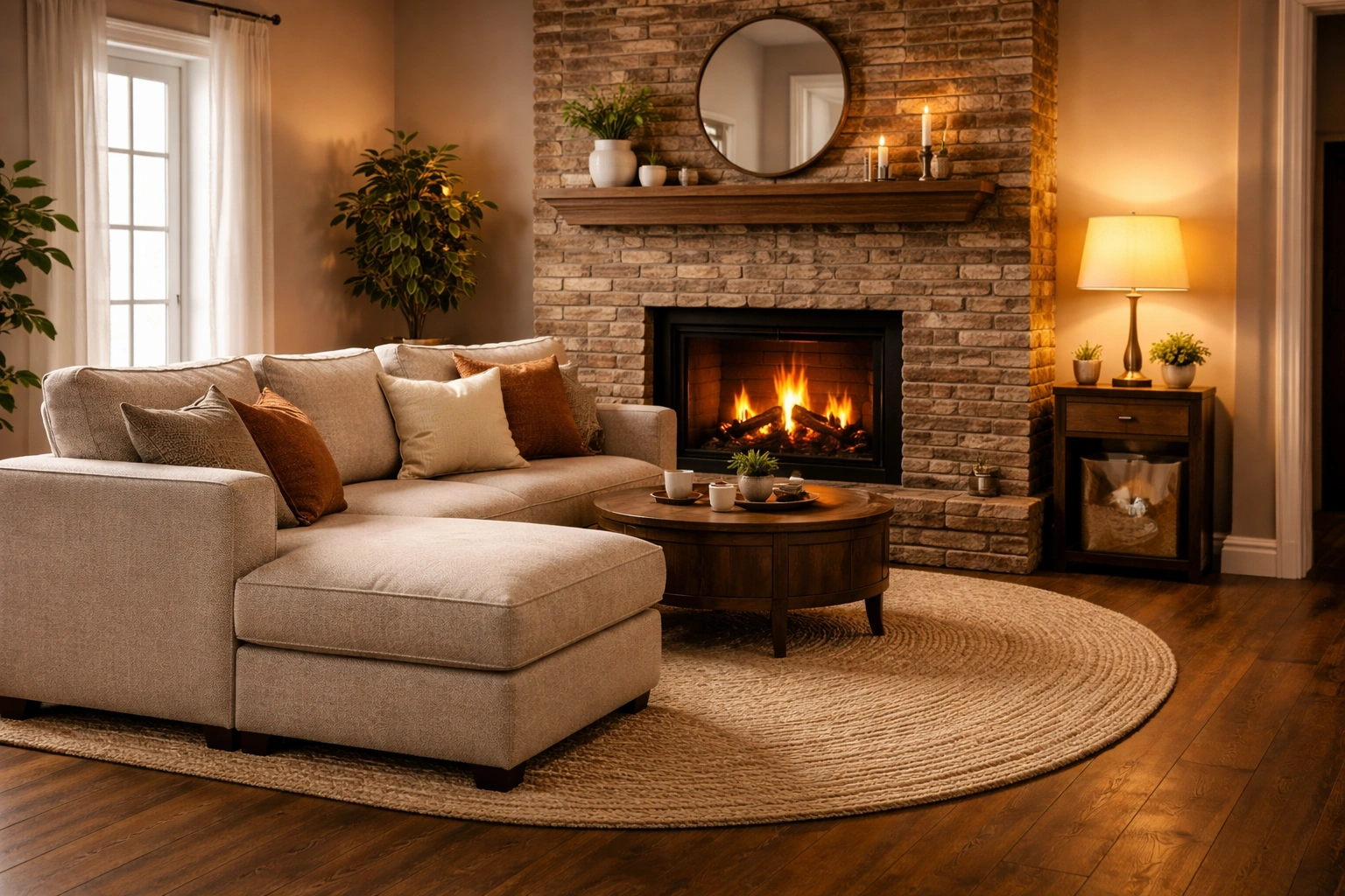 Sectional oriented to face a fireplace as the room focal point