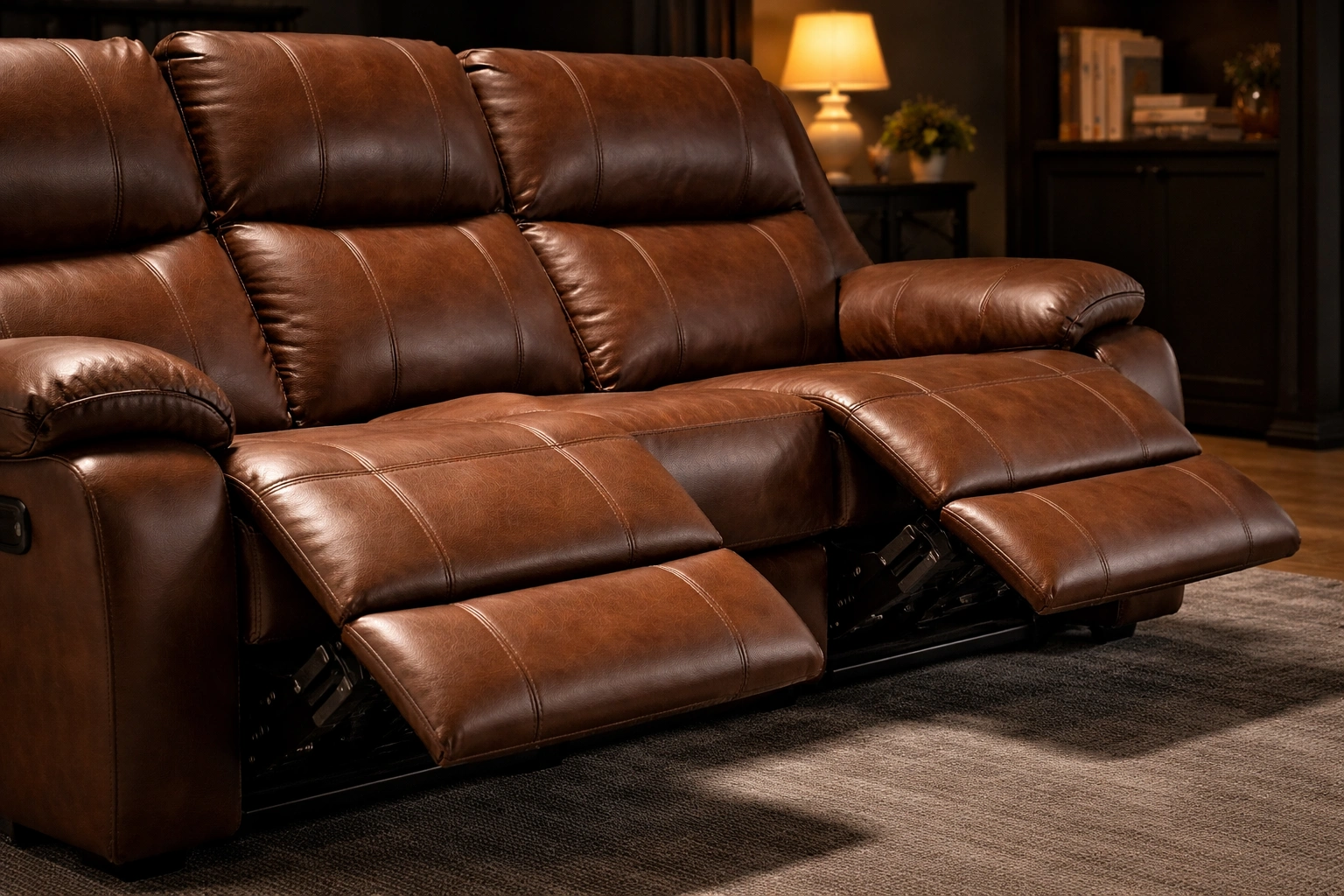 Reclining sectional sofa with extended footrests in a home theater room