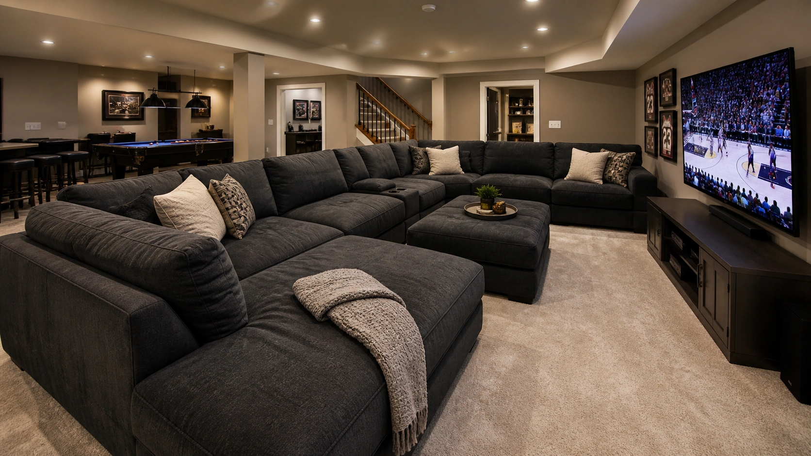 Large L-shaped sectional sofa in a spacious basement family room
