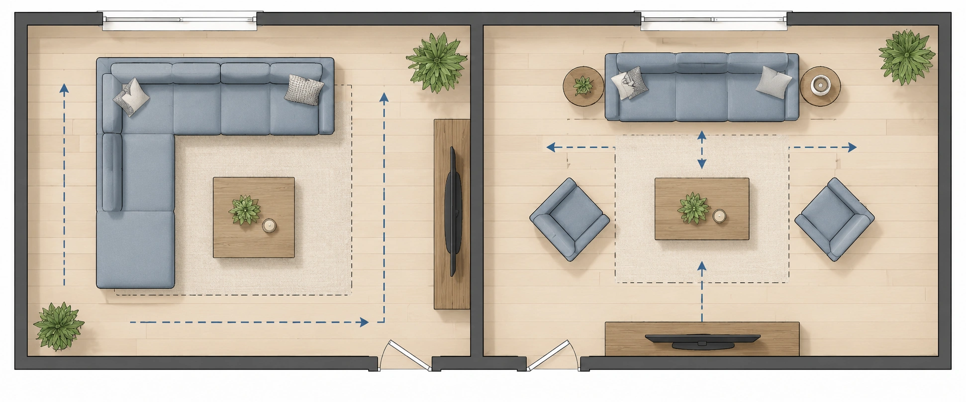 Top-down floor plan showing sectional sofa layout in a living room