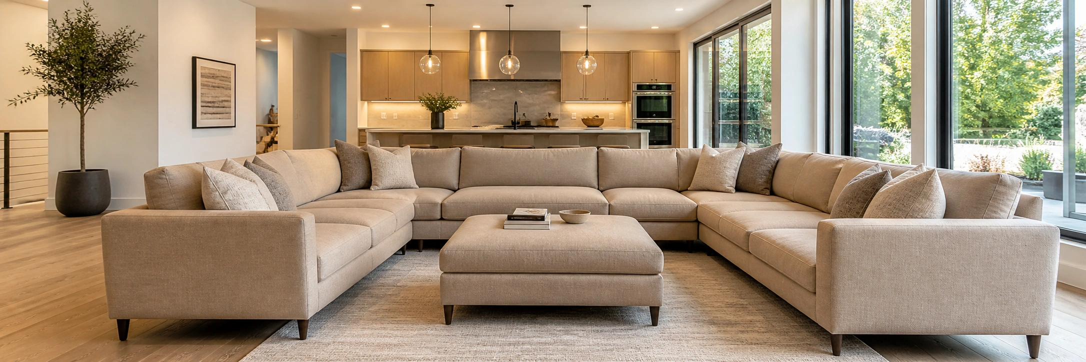 Sectional sofa paired with matching ottoman in an L-shaped living room