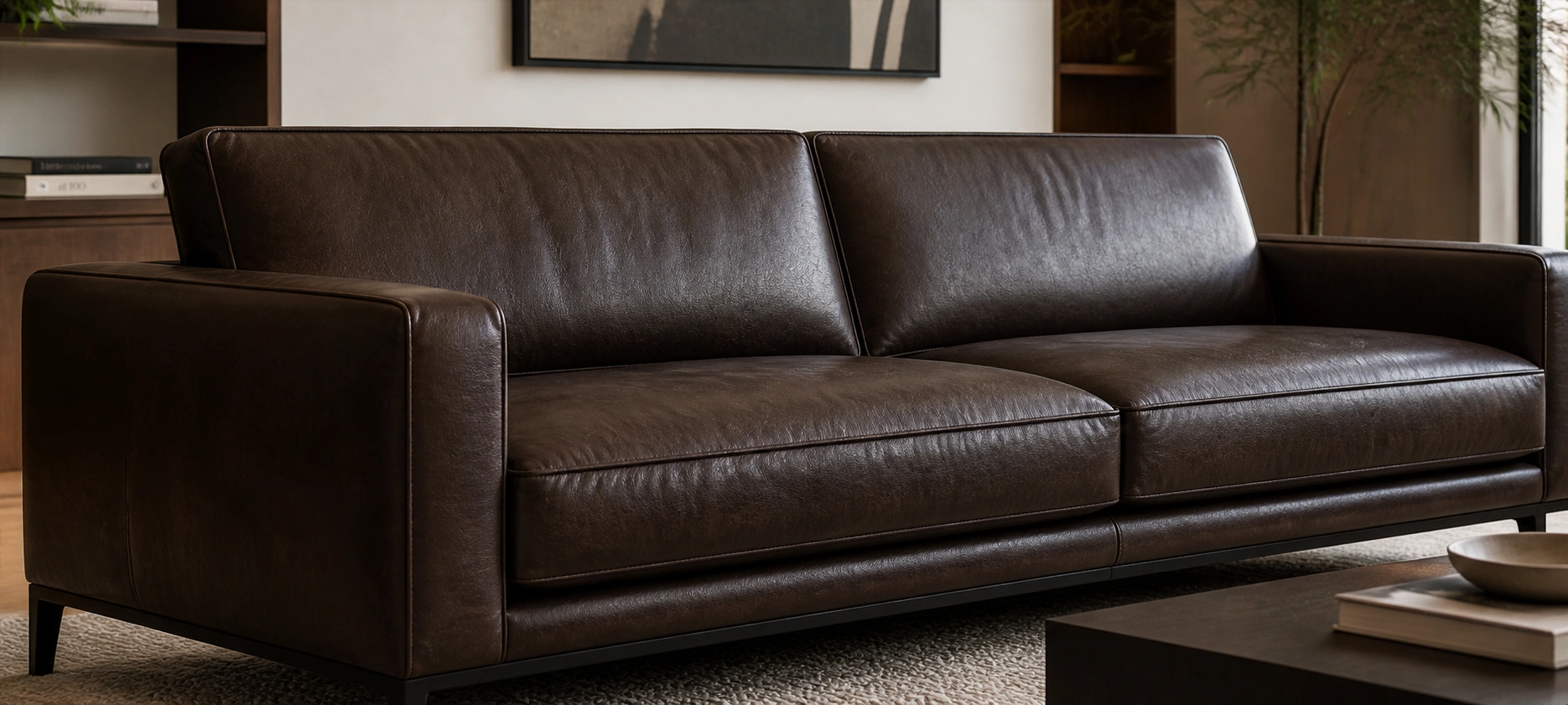 Semi-aniline leather sofa with subtle protective finish and natural appearance