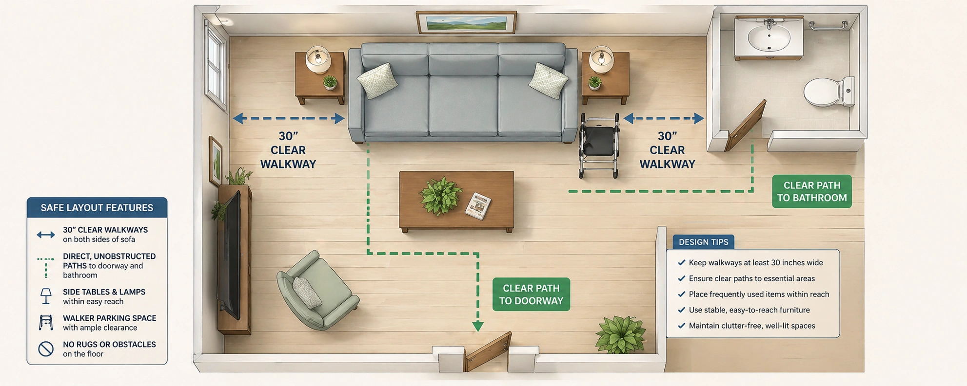Safe living room layout with properly positioned sofa for senior accessibility