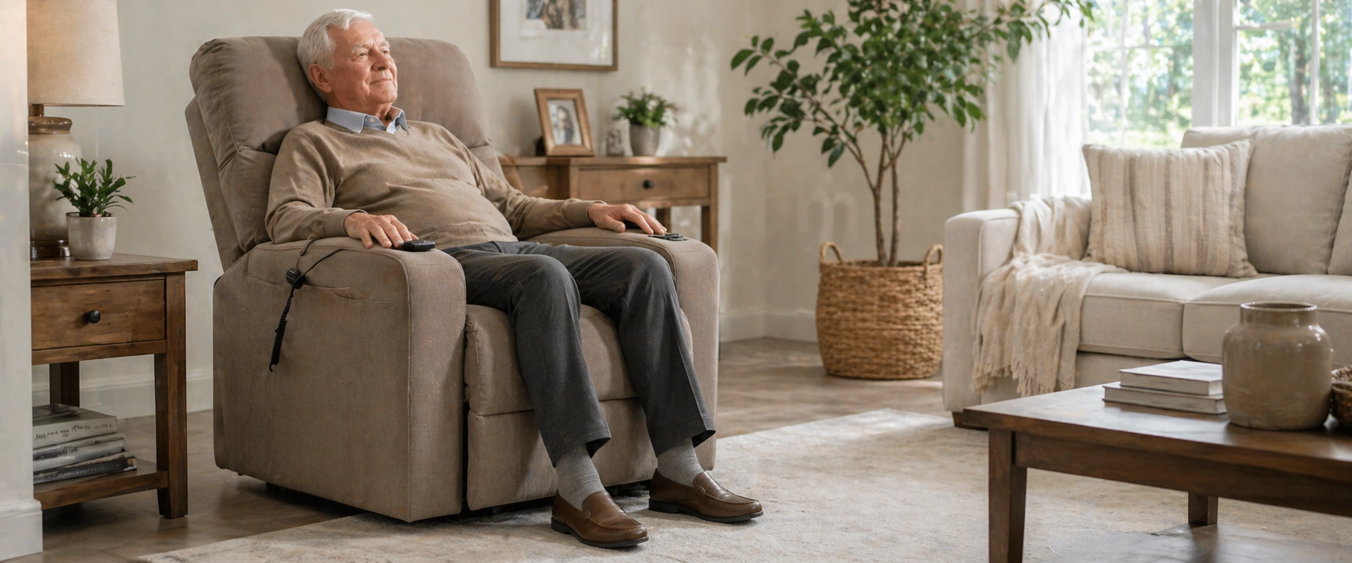 Senior person comfortably sitting on a lift chair sofa with easy entry features