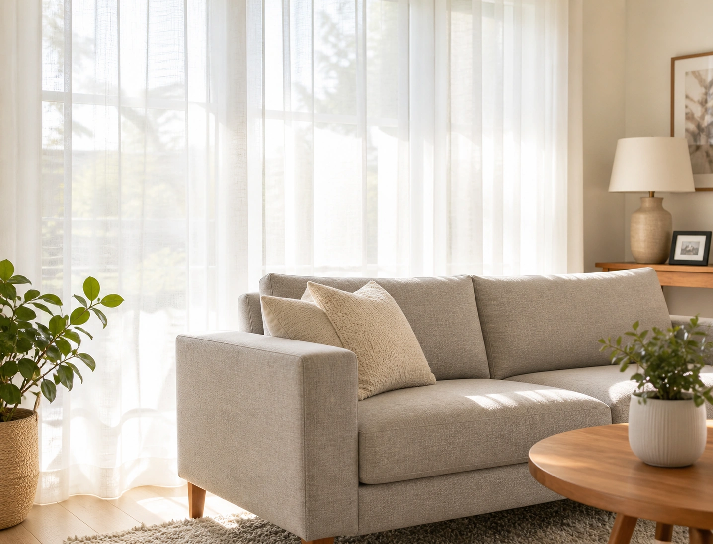 Sheer curtains filtering sunlight over a sofa near a window