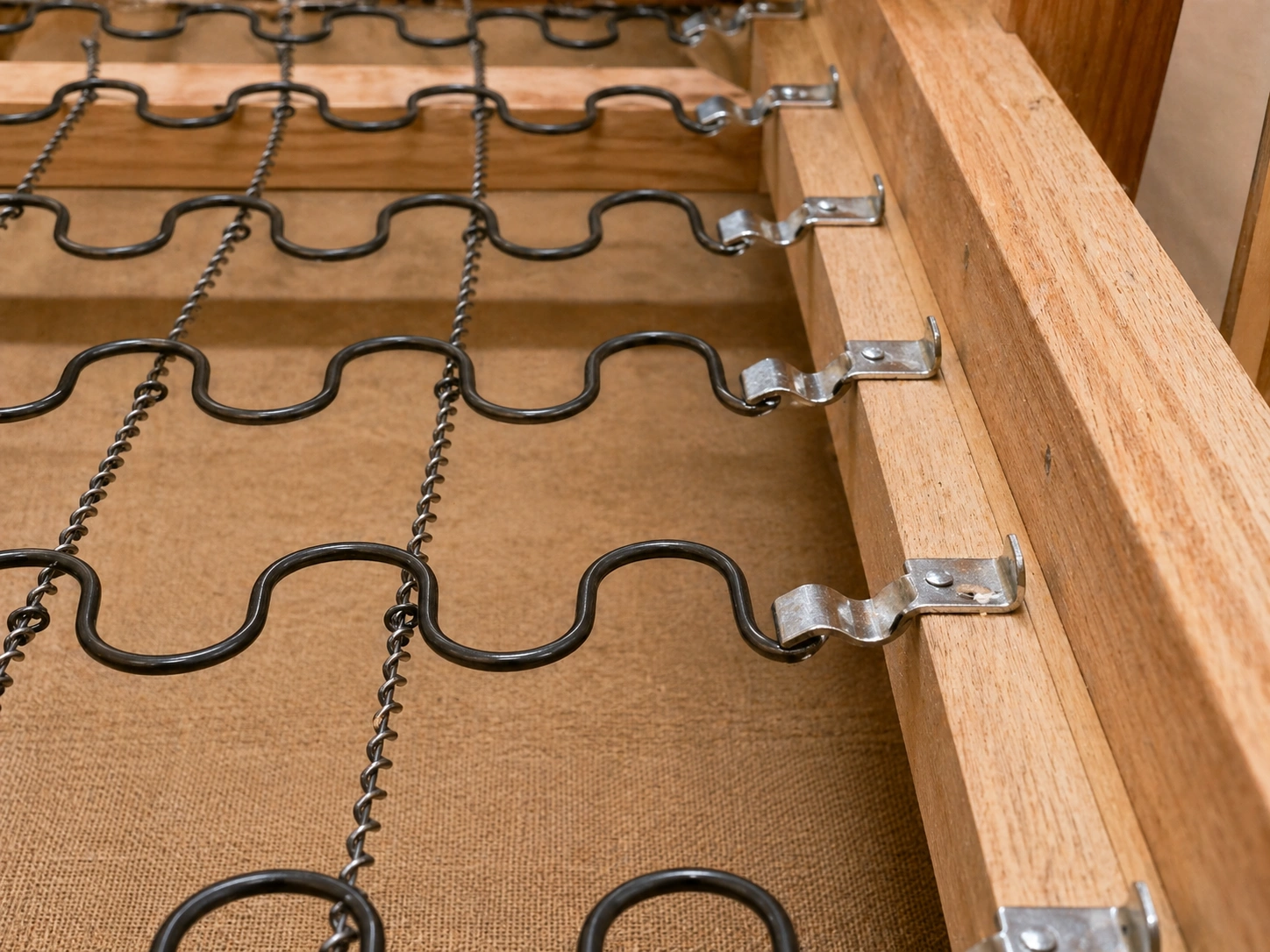S-shaped sinuous wire springs installed across sofa frame