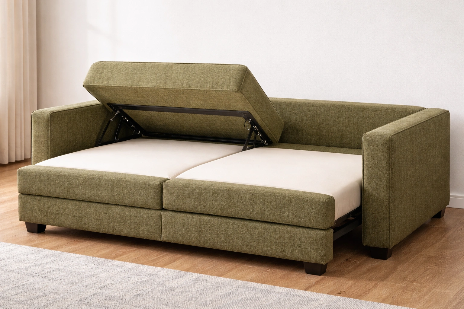 Fold-down sleeper sofa with backrest lowering into bed