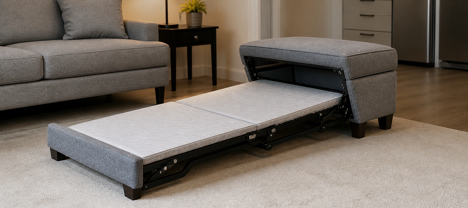 Sleeper ottoman that folds out into a small bed or mattress