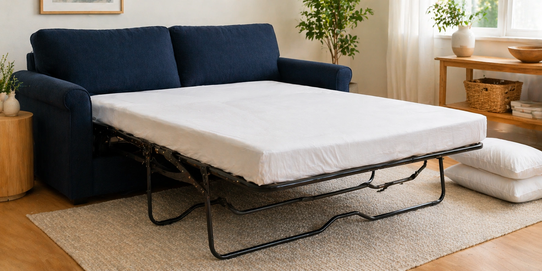 Sleeper sofa with mattress pulled out showing the fold-out bed mechanism