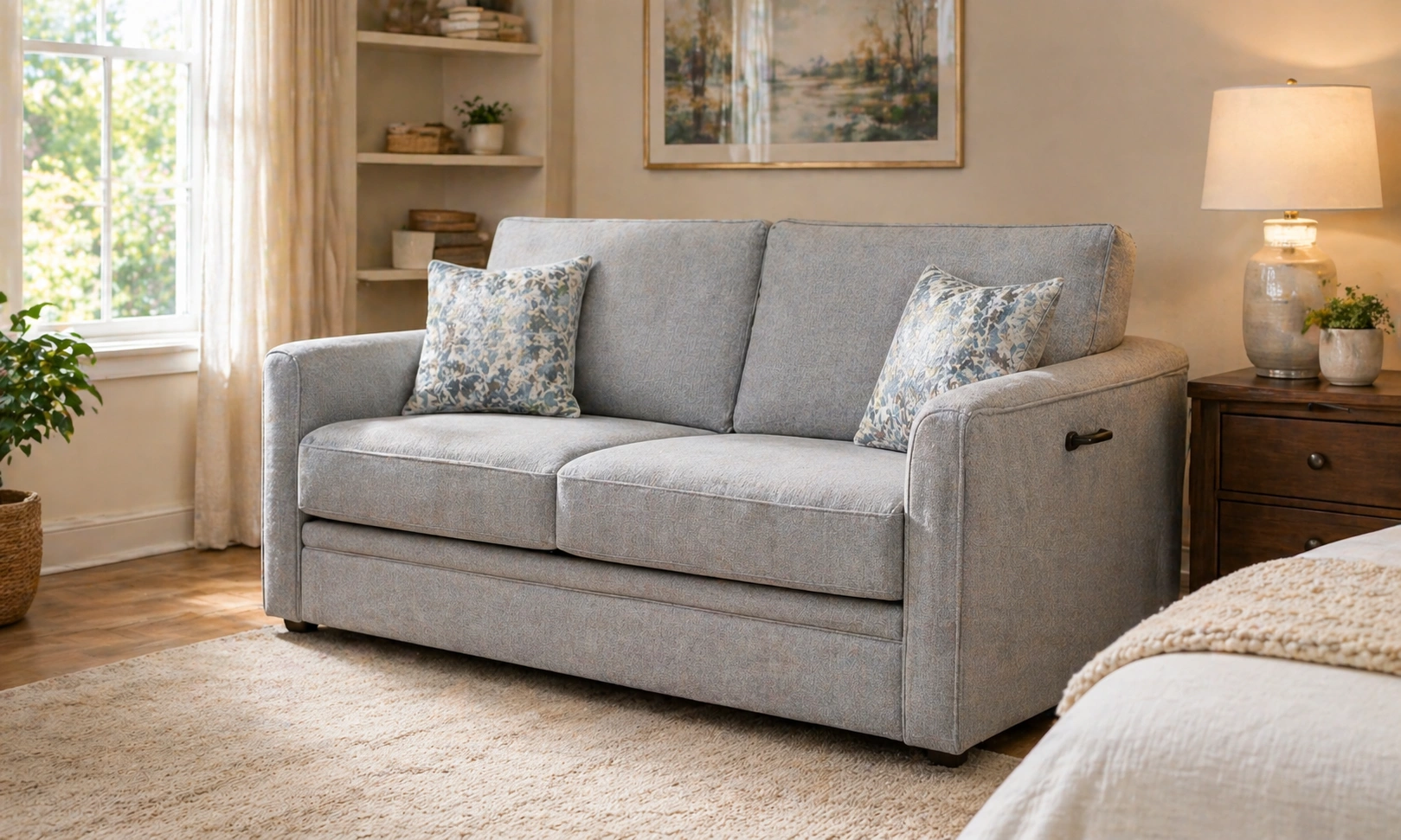 Sleeper sofa suitable for guest room use by seniors with accessible design