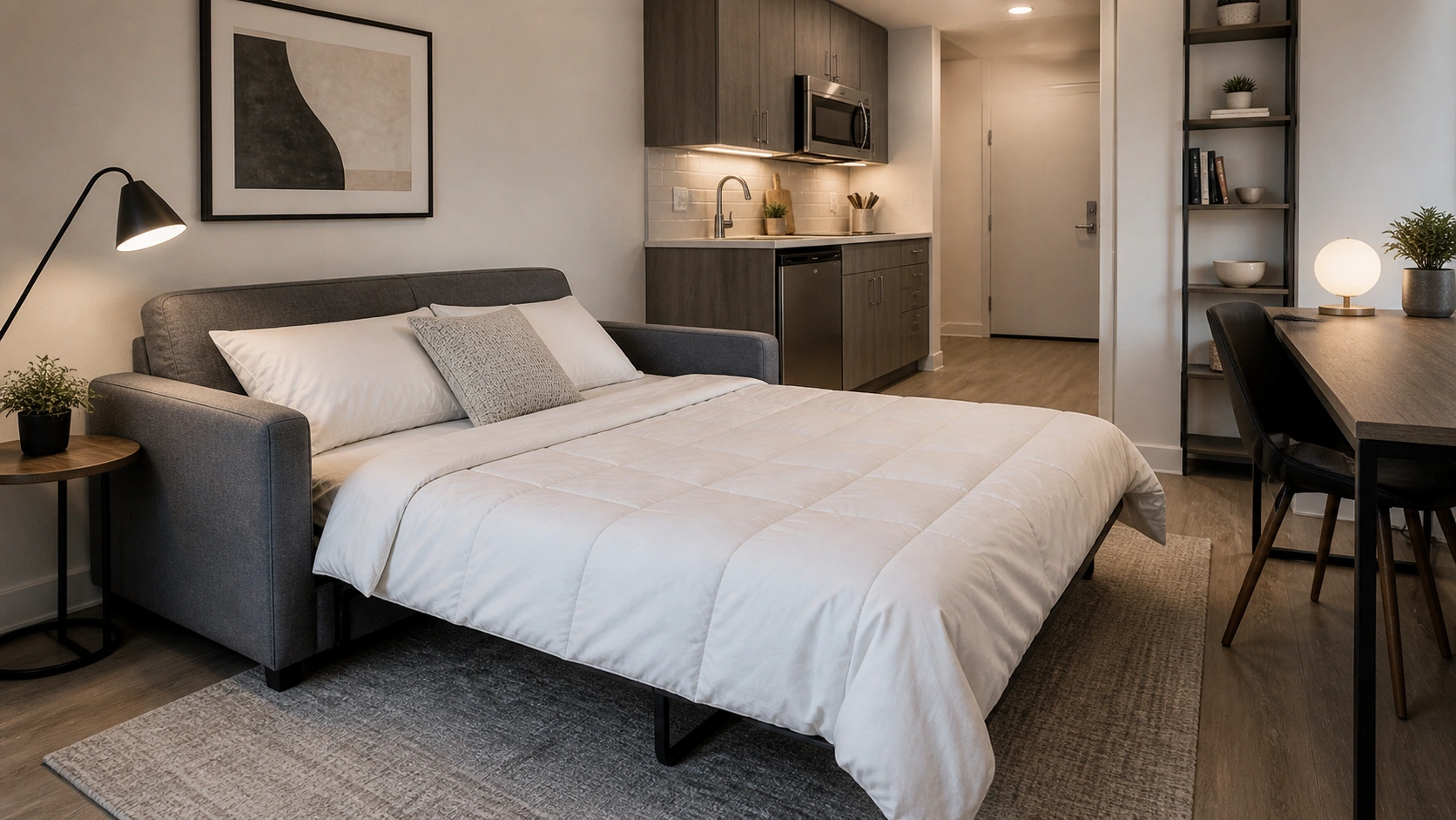 Sleeper sofa opened as a bed in a small studio apartment