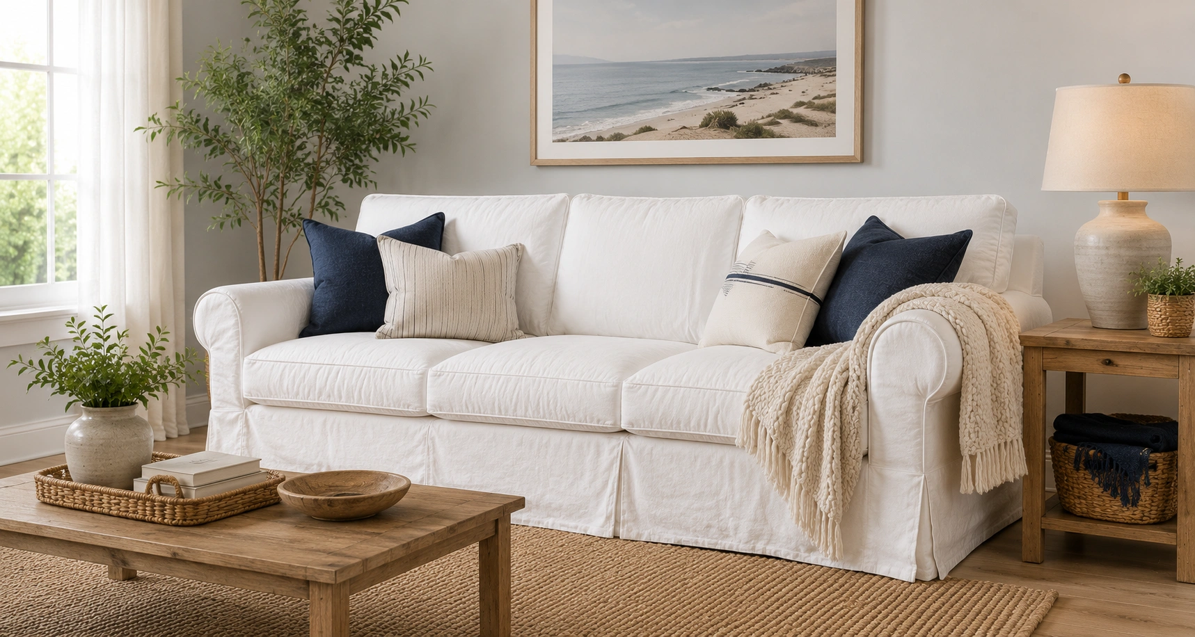 White slipcovered sofa in a bright coastal style living room with natural light