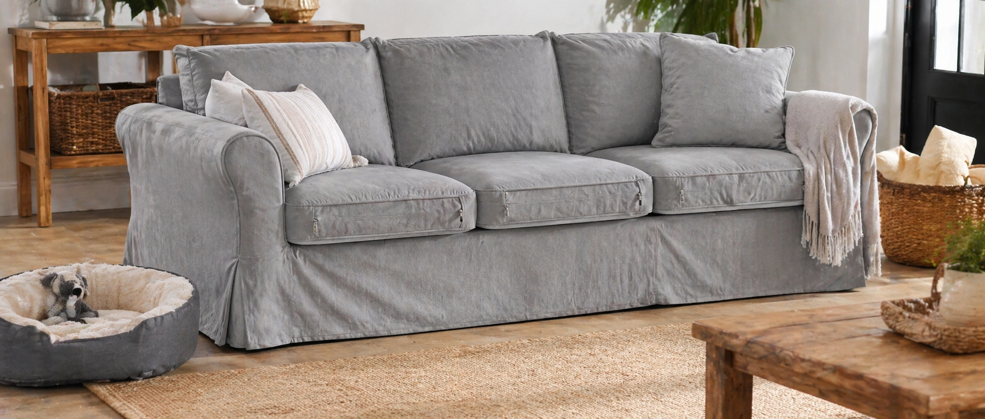 Slipcovered sofa with removable washable covers for pet owners